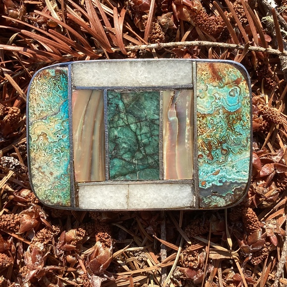 Vintage Silver Turquoise Mother Of Pearl Quartz Stones Inlay Belt Buckle - Picture 8 of 14